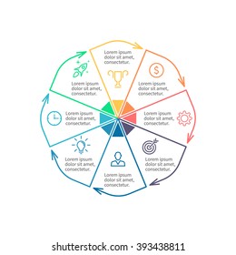 Outline circular infographic element. Linear flat chart, diagram, scheme, graph with 8 steps, options, parts, processes with arrows. Vector rounded octagon.
