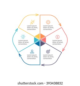 Esbozar elemento infográfico circular. Gráfico plano lineal, diagrama, esquema, gráfico con 6 pasos, opciones, piezas, procesos con flechas. hexágono redondeado vectorial.