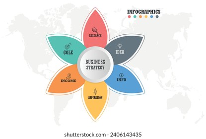 Outline circular infographic element with multidirectional arrows. Chart, diagram, scheme, graph with 6 steps, options, parts, processes.