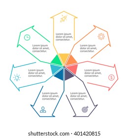 Outline circular infographic element with multidirectional arrows. Chart, diagram, scheme, graph with 7 steps, options, parts, processes. Vector pointer.