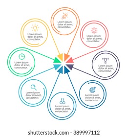 Outline circular infographic element. Radial flat chart, diagram, scheme, graph with 8 steps, options, parts, processes with arrows. Vector design element.