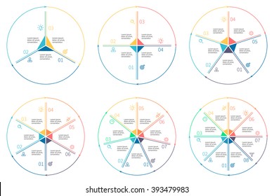 Outline circular infographic elements. Linear pie charts, diagrams with 3, 4, 5, 6, 7, 8 steps, options, parts, processes with arrows. Vector design elements.