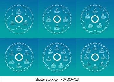 Outline circular infographic elements. Linear charts, diagrams with 3, 4, 5, 6, 7, 8 steps, options, parts, processes with arrows in the center. Vector thin line design element.
