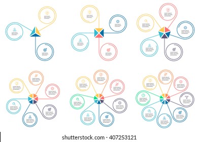 Outline circular infographic. Linear charts, diagrams with 3, 4, 5, 6, 7, 8 steps, options, parts, processes with petals. Vector thin line design element.