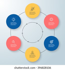 Outline circular infographic. Minimalistic design. Diagram, chart, graph with 6 steps, options, parts, processes with arrows. Vector design element.