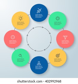 Outline circular infographic. Minimalistic design. Diagram, chart, graph with 8 steps, options, parts, processes with arrows. Vector design element.