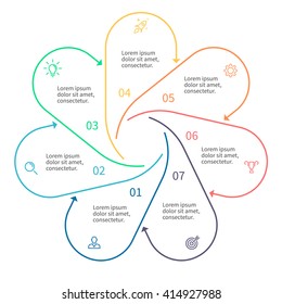 Outline circular infographic. Minimalistic design. Chart, diagram, graph with 7 steps, options, parts, processes with arrows and number options.