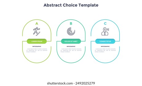 Outline circular infographic. Minimalistic diagram, chart, graph with 3 steps, options, parts, processes with arrows. Vector design element.