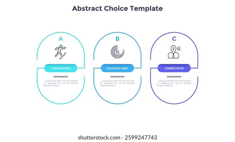Outline circular infographic. Minimalistic diagram, chart, graph with 3 steps, options, parts, processes with arrows. Vector design element.