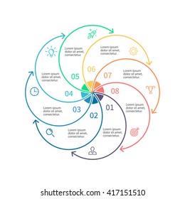 Outline circular infographic. Minimalistic diagram, chart, graph with 8 steps, options, parts, processes with arrows. Vector design element.