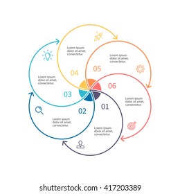 Outline circular infographic. Minimalistic diagram, chart, graph with 6 steps, options, parts, processes with arrows. Vector design element.
