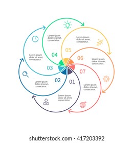Outline circular infographic. Minimalistic diagram, chart, graph with 7 steps, options, parts, processes with arrows. Vector design element.