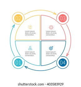 Outline circular infographic. Pie chart, diagram with 4 steps, options, parts, processes with arrows. Vector design element.