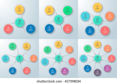 Outline circular infographics with central element. Chart, diagram, scheme, graph with 3, 4, 5, 6, 7, 8 steps, options, parts with arrows. Vector design elements.