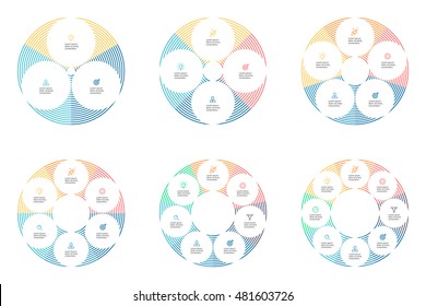 Outline circular infographics. Linear pie charts with 3, 4, 5, 6, 7, 8 steps, sections, parts. Vector thin line design element.