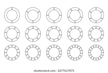 Conjunto de anillos segmentados circulares. Círculo dividido de 2 a 16 secciones. Conjunto de gráficos de líneas. Iconos de gráfico circular. Diagrama radial. Elemento de infografía de círculo blanco y negro mínimo