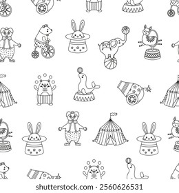 outline circus cartoon seamless pattern with animals performing tricks and others elements, flat vector illustration with funny elephant, seal, bears, rabbit, llama and clown