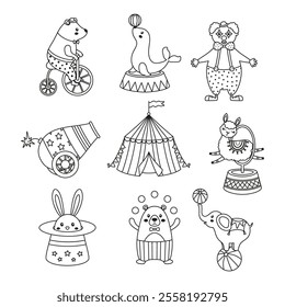 outline circus cartoon set with animals performing tricks and others elements, flat vector illustration with funny elephant, seal, bears, rabbit, llama and clown