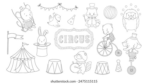 Contorno circo lindos animales, dibujado a mano ilustraciones conjunto para guardería y niños, libro para colorear. Personajes de bebé de Woodland - elefante, oso en bicicleta y conejito en sombrero mágico