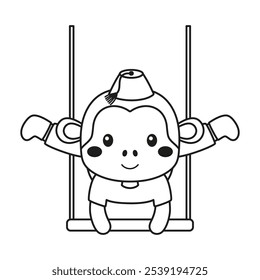 outline circus monkey character hanging on trapeze, cartoon vector illustration isolated, funny animal acrobat performing carnival show on circus festival