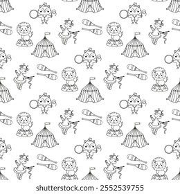 outline circus seamless pattern, repeat background with street show animals, tent, artists, amusement holiday wallpaper, texture with lion, tent, fox and giraffe