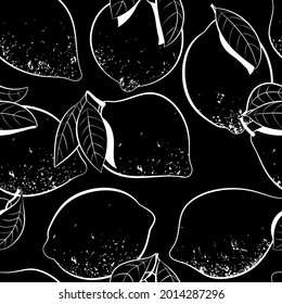 The outline of citrus fruits on a black background. Lemons or limes on branches with leaves and citrus fruits. Seamless background