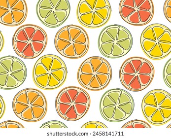Outline Citrus slices seamless pattern. Fresh abstract fruit background. Continuous line drawn colorful lemon, lime, orange, grapefruit. Template for lemonade juice packaging, wallpaper