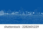 Outline city concept vector. Wire-frame style. The layers of visible and invisible lines. 3D illustration