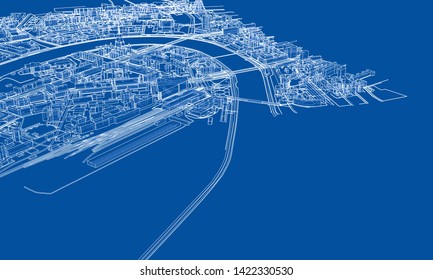 Outline city concept vector. Wire-frame style. The layers of visible and invisible lines. 3D illustration