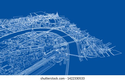 Outline city concept vector. Wire-frame style. The layers of visible and invisible lines. 3D illustration