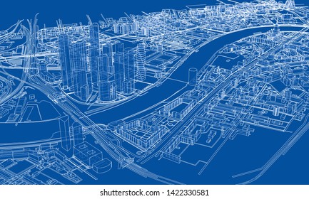 Outline City Concept Vector. Wire-frame Style. The Layers Of Visible And Invisible Lines. 3D Illustration