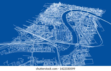 Outline city concept vector. Wire-frame style. The layers of visible and invisible lines. 3D illustration