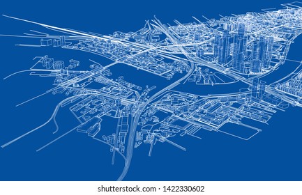 Outline city concept vector. Wire-frame style. The layers of visible and invisible lines. 3D illustration