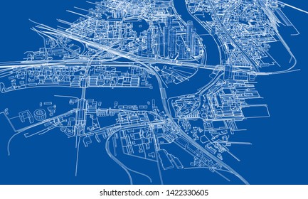Outline city concept vector. Wire-frame style. The layers of visible and invisible lines. 3D illustration