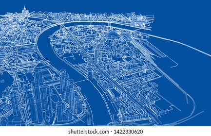 Outline city concept vector. Wire-frame style. The layers of visible and invisible lines. 3D illustration