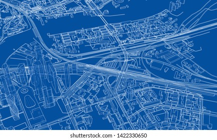 Outline city concept vector. Wire-frame style. The layers of visible and invisible lines. 3D illustration