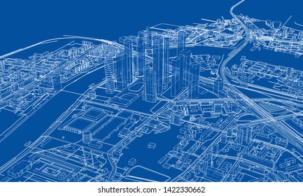 Outline city concept vector. Wire-frame style. The layers of visible and invisible lines. 3D illustration