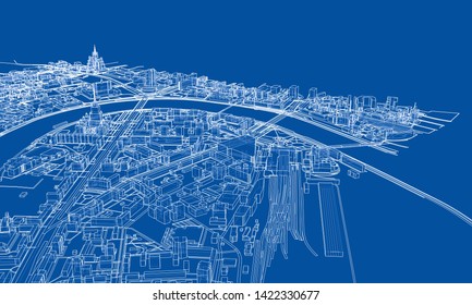 Outline city concept vector. Wire-frame style. The layers of visible and invisible lines. 3D illustration
