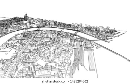 Outline city concept vector. Wire-frame style. The layers of visible and invisible lines. 3D illustration