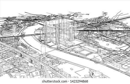 Outline city concept vector. Wire-frame style. The layers of visible and invisible lines. 3D illustration