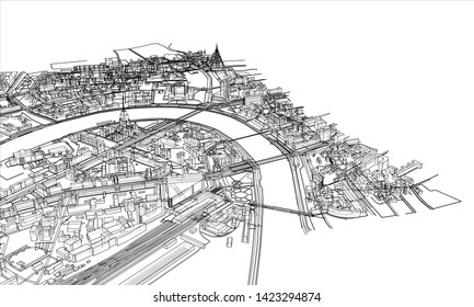 Outline city concept vector. Wire-frame style. The layers of visible and invisible lines. 3D illustration