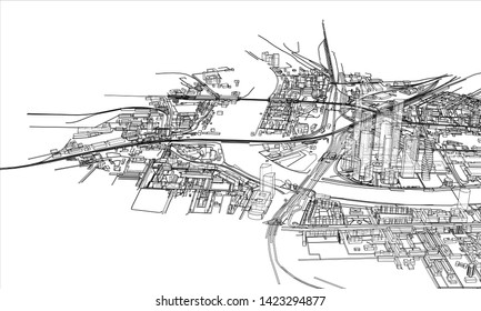 Outline city concept vector. Wire-frame style. The layers of visible and invisible lines. 3D illustration