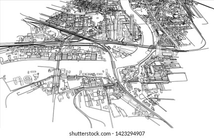 Outline city concept vector. Wire-frame style. The layers of visible and invisible lines. 3D illustration