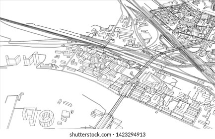 Outline city concept vector. Wire-frame style. The layers of visible and invisible lines. 3D illustration