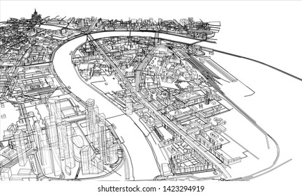 Outline city concept vector. Wire-frame style. The layers of visible and invisible lines. 3D illustration