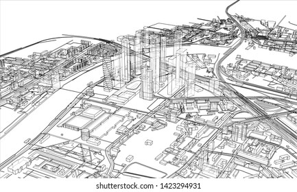 Outline city concept vector. Wire-frame style. The layers of visible and invisible lines. 3D illustration