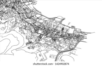 Outline city concept vector. Wire-frame style. The layers of visible and invisible lines. 3D illustration