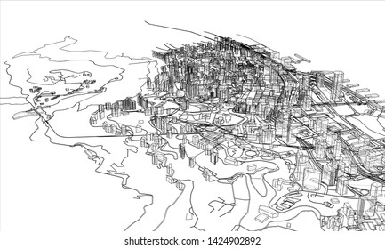 Outline city concept vector. Wire-frame style. The layers of visible and invisible lines. 3D illustration