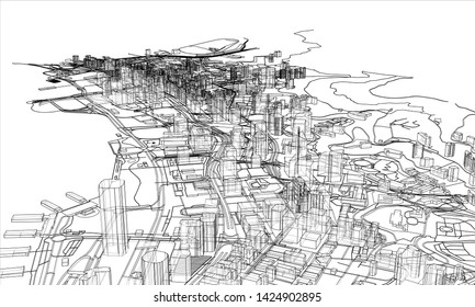 Outline city concept vector. Wire-frame style. The layers of visible and invisible lines. 3D illustration