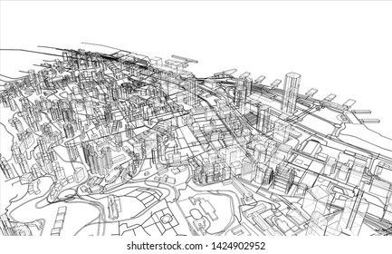 Outline city concept vector. Wire-frame style. The layers of visible and invisible lines. 3D illustration